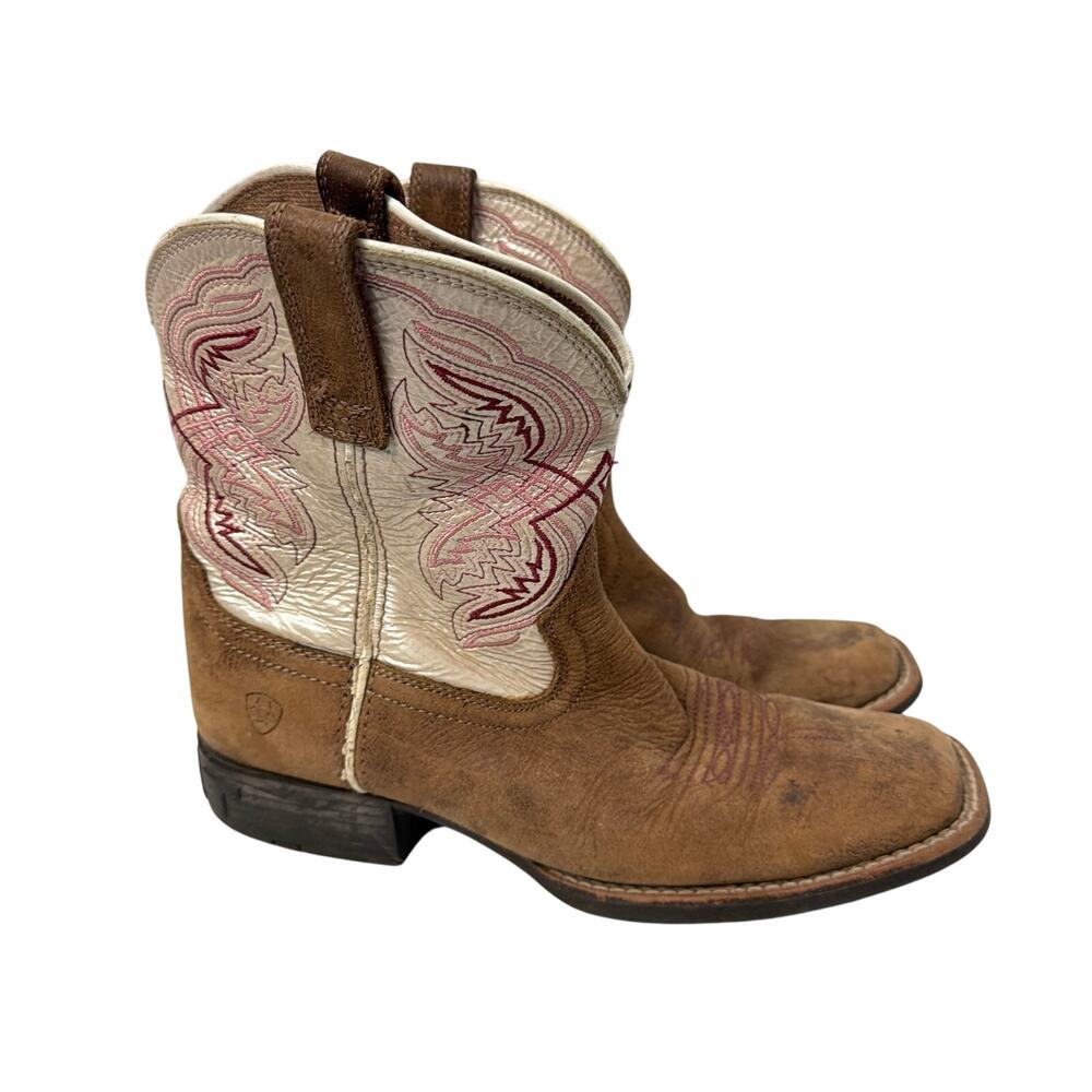 Ariat Girls Double Kicker Western Boot Size 4 Pink Brown Leather Square Toe